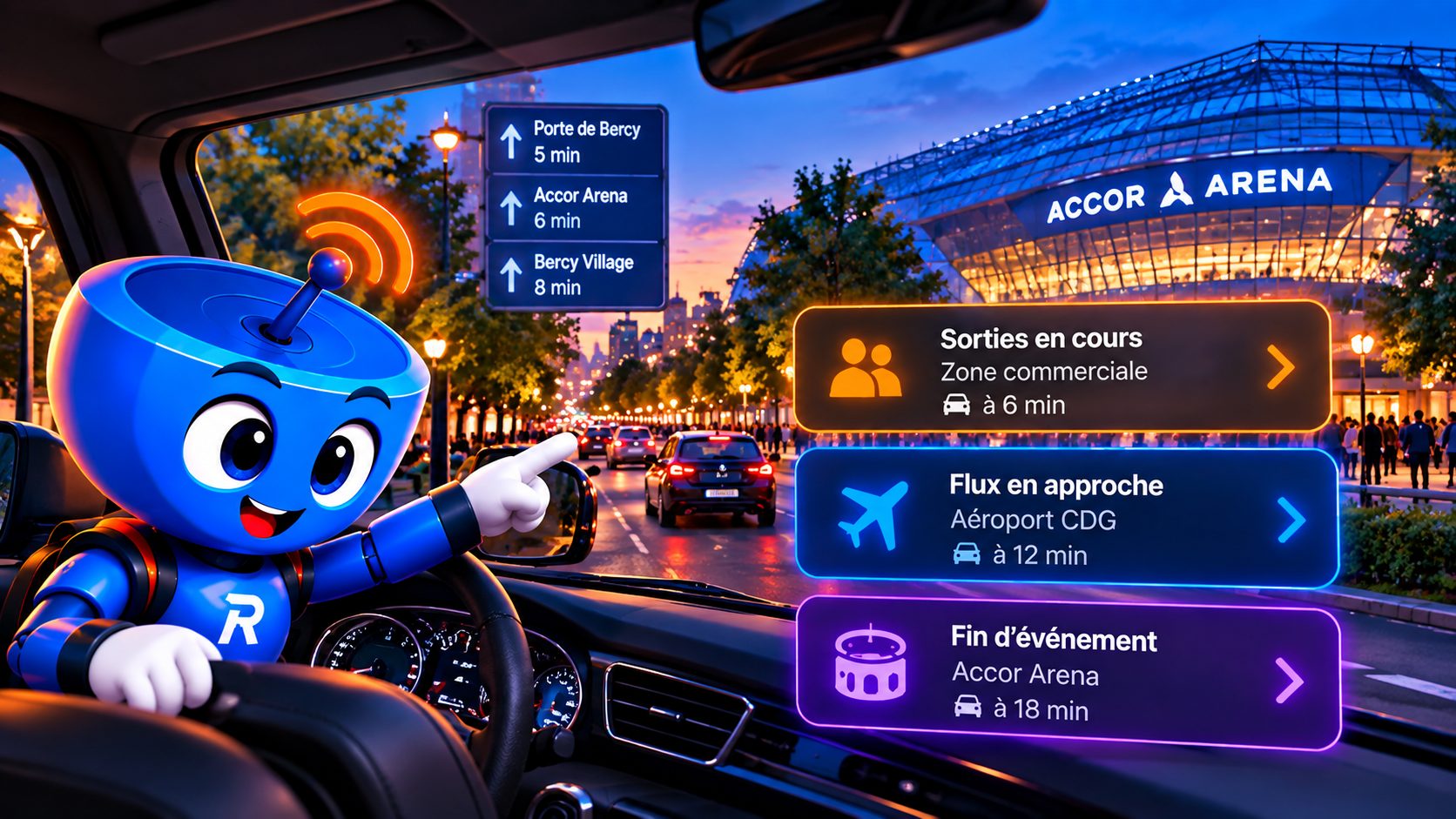 La mascotte Radmoov au volant désignant la route, avec les sorties d'Accor Arena et les flux à proximité affichés